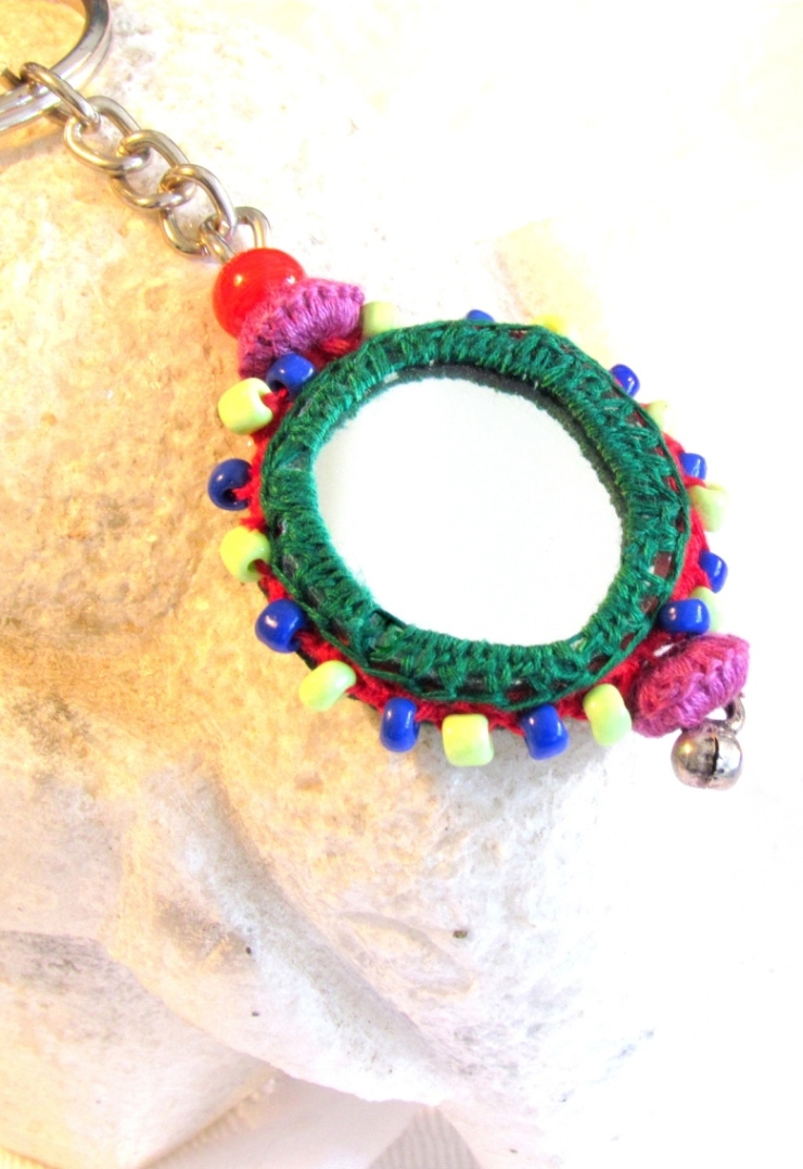 Green Crochet and Mirrorwork Keyring